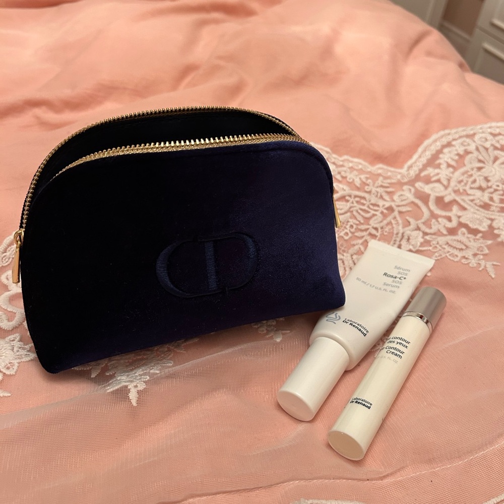 Dior Navy Velvet Double-Zip Cosmetic Pouch with Embossed CD